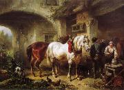 Wouterus Verschuur Horses and people in a courtyard oil painting
